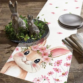 Baccessor Easter Table Runner Bunny Rabbits Pink Daisy Floral Runner for Table Kitchen Dinning Table Decor for Spring Seasonal Holiday Home Easter Decoration 13x90 Inch