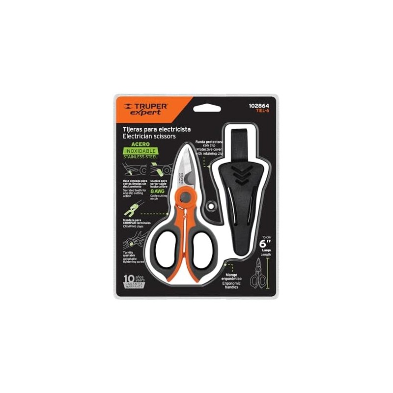 Truper Expert TIEL-6, Tijera 6 para electricista cortes limpios sin