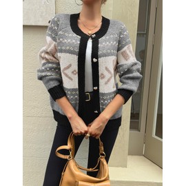 Saodimallsu Womens Button Up Cardigan Sweaters Crew Neck Vintage Fair Isle Long Sleeve Warm Knit Christmas Sweater Coats Beige