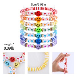 Rainbow Smiley Face Beaded Bracelets for Women Colorful Preppy Bracelets Heart Beads Bohemian Stackable Stretch Surfer Heishi Clay Beads Friendship Bracelets Summer Beach Boho Jewelry Gift