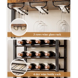 Vilaxing Freestanding Floor Wine Rack, 4-Tier 16-Bottle Wine Organizer Shelf with Wine Glass Holders, Tabletop and Storage Drawer，Bar Storage Cabinet for Living Rooms, Restaurants, and Bars