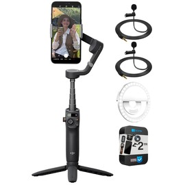 DJI CP.OS.00000213.01 Osmo Mobile 6 Smartphone Gimbal Stabilizer Bundle with 3.5mm Clip-On Mini Lapel Microphone Black 2 Pack, LED Cordless Smartphone Ring Light and 2 YR CPS Enhanced Protection Pack