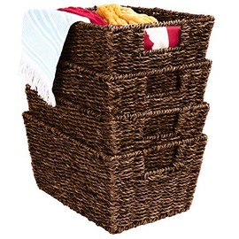Best Choice Products Best Choice Products Rustic Set Of 4 Multipurpose Stackable Seagrass Storage Basket, Handwoven Laundry Organizer Totes for Bedroom and Living Room, Shelves, Pantry w/Insert Handles - Brown