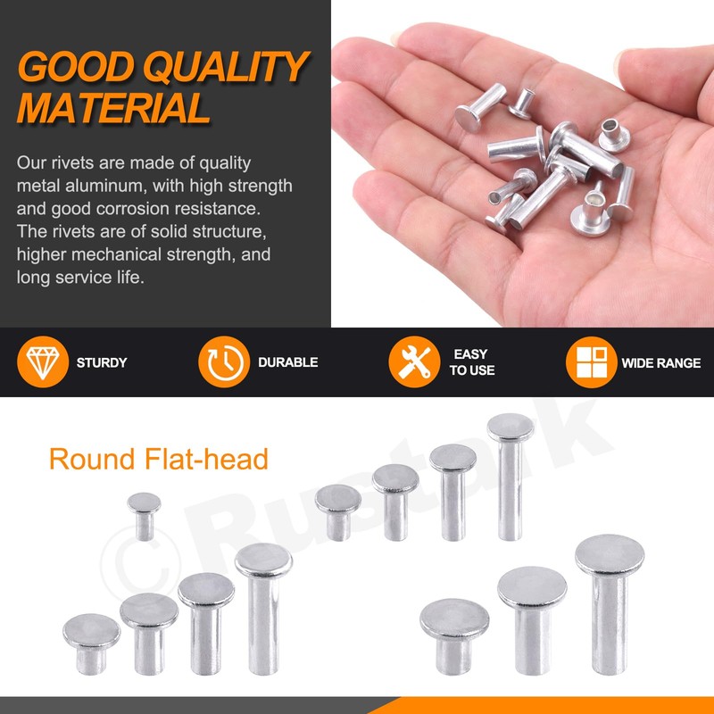 Rustark Round Flat Head Rivet Nuts Stud Rivet Semi-Tubular Silver