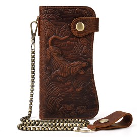 newsbirds Mens Wallet with Chain, Men's Genuine Leather Wallet and Zipper Coin Pocket with Chain 14 Credit Card Holder Genuine Leather Gents Wallets (Brown Tiger)
