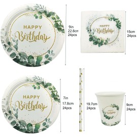 Pack of 120 Sage Green Birthday Party Tableware Disposable Birthday Plates for 24 Guests Green Tableware Decoration Napkins Birthday Baby Shower Party Supplies