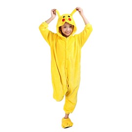 FunnyCos Unisex Kids Hooded Animal Onesie Supersoft Flannel Costume Pajamas Fancy Dress Playsuit Jumpsuit Pikachu 140