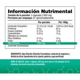 Alga Chlorella 1500mg por Porción (3 Cápsulas al día) - Pared celular rota - 200 Cápsulas - Con Chlorella Orgánica - S&V - Sin Gluten y Sin OMG