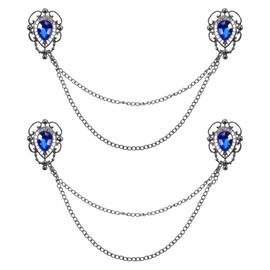 QUARKZMAN Pack of 2 Rhinestone Pullover Clasps, Vintage Collar Clips for Cardigans with Chain, Shirt Clips, Scarf Clips, Clothing Clip for Women (Blue), Rhinestone