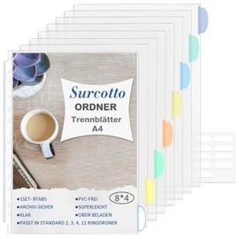 Dividers for A4 Folders, Surcotto Index for A4 Folders, 32 Transparent Films with Colourful Tabs, Polypropylene Dividers for DIN A4, Transparent Folder Dividers, 11 Hole Punch, 32 Pieces (4 Set)