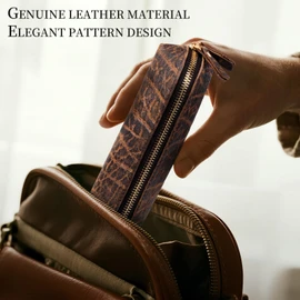 Gexmil - Funda de piel auténtica, soporte para lápices de piel de grano completo, bolsa de papelería hecha a mano para trabajo y oficina, estilo clásico, color café guijarro gigante