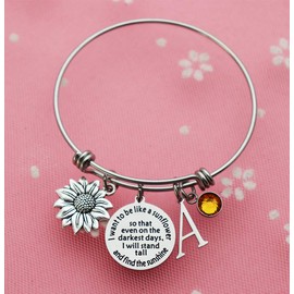 Eilygen Sunflower Bracelet Gift Initial Charm Bracelet 26 Letters Adjustable Bracelet for Women Encouragement Jewelry for Her (Sunflower Bangle A)
