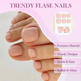24Pcs Nude Pink Press on Toenails – Short Square Full Cover Fake Toe Nails with Nail Accessory Tool, 12 Sizes Stick-onToenails for Women & Girls, Eco-Friendly ABS Material