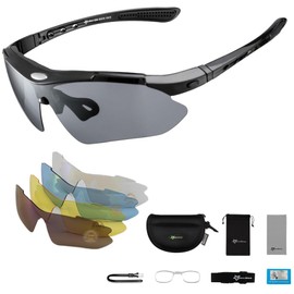 MUGI Polarized Sunglasses for Cycling, Running and Sports | 5 Interchangeable Lenses, UV Protection 400, Windproof Non-Slip Cycling Glasses for Men and Women (Black)