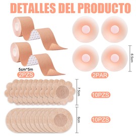 AEIFULU 24 Piezas Cubre Pezones para Mujer y 2 Rollos Cinta de Elevación 5Mx5CM,Incluye 4 Nipple Cover de Silicona,20 Pezoneras no Tejido,Ideal para Vestidos Novia y Blusas Sin Tirantes y Sin Espalda