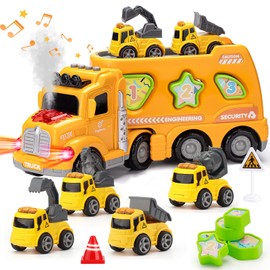 KEMIGO Camiones de Juguete para Niños Niñas, Grande Juego de Vehículos de Construcción con Luz, Música, Sonido y Vapor Efecto Regalos Carritos para Cumpleaños, Navidad y año Nuevo