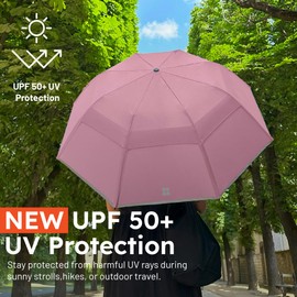 Weatherman Premium Collapsible Travel Umbrella - Windproof, Compact, Easy Auto Open - Resists Up to 55 MPH Winds - Perfect for Rain, Wind, Backpack, Car - Folding Umbrella (Blush)
