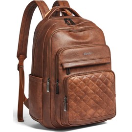 Bluome Work Backpack for Women Men, Laptop Vegan Leather Backpack Purse with 15.6–17 Inch Laptop, Multi-Pocket Bookbag for Office Travel Gym Weekend Overnight Bag, Brown