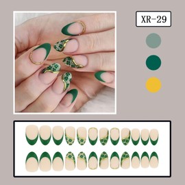 TBRZTR St. Patrick's Day Almond Press on Nails Short Green Four-leaf Clover False Nails Gold Lines Design Green French Tip Press on Nails Full Cover Acrylic Nails Artificial Stick on Nails for Women
