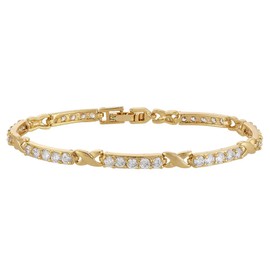 RIZILIA XOXO Link Tennis Bracelet [18cm/7inch] with Round Cut Gemstones CZ [White Topaz] in 18K Yellow Gold Plated, Simple Modern Elegance