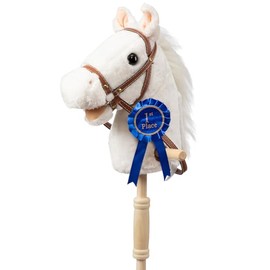 HollyHOME Stick Horse Plush with Detachable Blue Ribbon Champion Hobby Horse on Stick with Wood Wheels Real Pony Neighing and Galloping Sounds for Kids Toddlers White 36 Inches(AA Batteries Required)