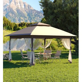 Garvee 13x13FT Pop Up Gazebo, Canopy Tent with Mosquito Netting,Outdoor Gazebos for Backyard & Patio Furniture - Pop Up Canpy with Wheeled STO-N-Go Cover Bag (Khaki+Light Khaki)
