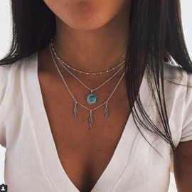 Yienate Boho Multilayer Turquoise Necklace Silver Vintage Ethnic Sunflower Leaves Pendant Necklace Bead Chain Choker Layered Statement Sun Feather Pendant Necklace Jewelry for Women and Girls