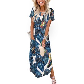 Zeagoo Tropical Dress for Womens Boho Summer Dresses Maxi Vacation Dresses for Women Short Sleeve Hawaiian Dress