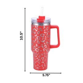 Lashicorn 40 Oz. Tumbler with Handle and Straw Red Leopard Silver 10” tall Cup lid included Insulated Stainless Steel Vacuum Travel Mug Boutique Cheetah Print