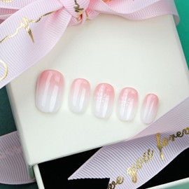 Christmas Pink White Gradient Fake Nails Short Almond Press on Nails with Snowflake Designs Glossy False Nails Full Cover Artificial Nails Christmas Stick on Nails for Women DIY Manicure 24 Pcs