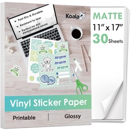 Koala Printable Vinyl Sticker Paper for Inkjet Printer 11x17 Inch - 30 Sheets Matte White Sticker Printer Paper, Waterproof Sticker Paper, Tear-Resistant, Removable