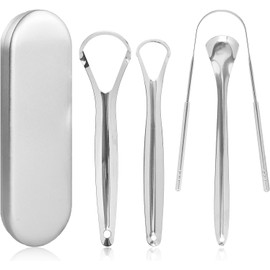 Set de 4 Raspador de Lengua Acero Inoxidable, Limpiador de Lengua con Estuche, Kit de Higiene Bucal para Adultos y Niños, Combate Mal Aliento y Refresca Aliento, Uso Diario