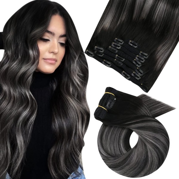 Moresoo Clip-In Real Hair Extensions, Silver Balayage, Remy Hair Clip,
