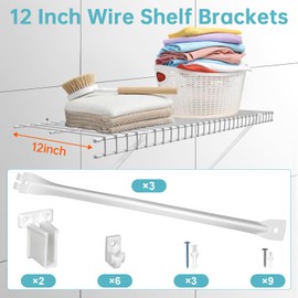 12 Inch Wire Shelf Brackets Set, 3 Wire Rack Support Brackets, 6 Wire Shelf Clips and 2 End Brackets Metal White Closet Support Bracket (3 Pack)
