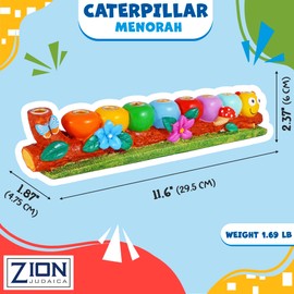 Zion Judaica Polyresin Caterpillar Menorah Cute Kids Candle Menorah Hand Molded and Painted Lively Caterpillar on a Log Hanukkiyah