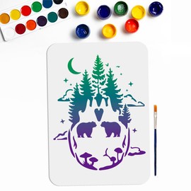 MAYJOYDIY Skull Forest Mushroom Stencil 11.7×8.3inch Large Mushroom Skull Stencils with Paint Brush Reusable Bear Tree Moon Star Drawing Template for Art Crafts Canvas Furniture Wall Wood