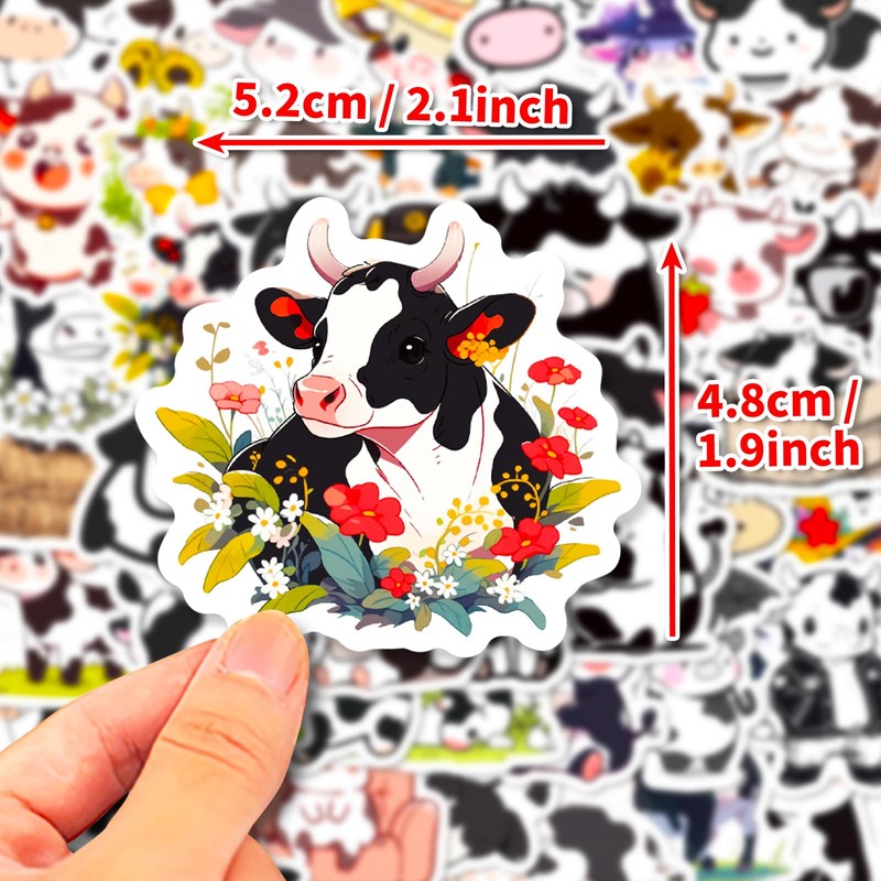 Cute Cow Stickers 50PCS, Waterproof Vinyl Farm Animal Decals for
