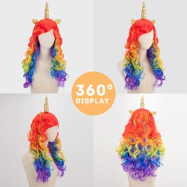 Hifot Women's Unicorn Wig with Ears and Horn, Colourful Long Rainbow Wig for Children, Girls, Unicorn Costume for Cosplay, Children's Birthday Party