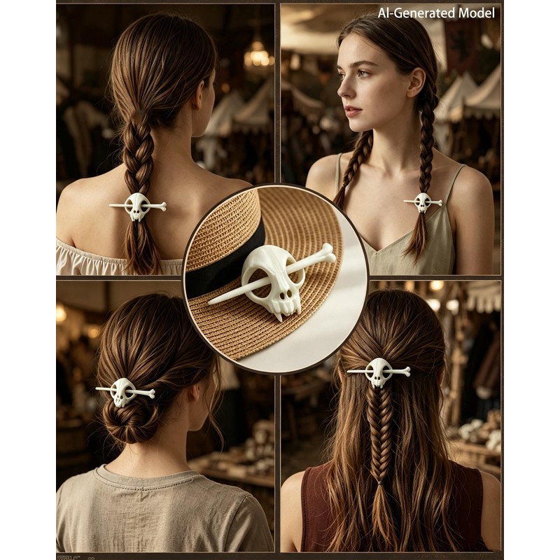 2 Sets Cat Skull Shape Hair Clip with Bone Pin,