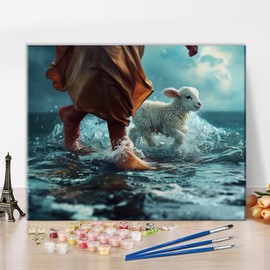 TUMOVO Jesus Paint by Numbers, Paint by Number Kit, Paint by Numbers for Adults, Jesus Walks with a Lamb Adult Paint by Number Kits on Canvas, DIY Painting on Canvas with Brushes, 16 x20 Inch