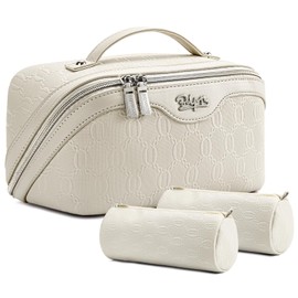 BOYATU Travel Makeup Bag for Women: Cosmetic Organizer Bag with Compartments - Leather Make up Bags Set of 3 White