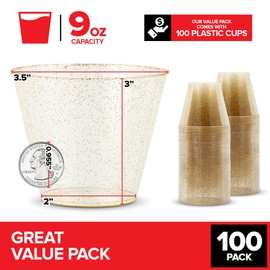 9oz Gold Glitter Plastic Cups (100 Pack), Elegant Party Cups for Birthday Parties, Weddings, and Holidays, Fancy Disposable Cocktail Glasses, Clear and Gold Cups, Bulk Wine and Mimosa Cups