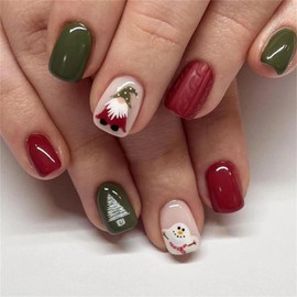 24 PCS Christmas Press on Nails - Full Cover False Nails with Snowman Santa Claus Pattern - Short Square False Nails - Acrylic French Stick on Nails with Glue - Suitable for Christmas Party
