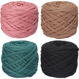 SIMEIQI 4 PCS T-Shirt Yarn Elastic Fabric Crochet Cloth Yarn for DIY Knitting,Spaghetti Yarn Thick Knitting Yarn for Hand DIY Bag Basket Cushion Crocheting Projects,Home Decor(Khaki+Black+Pink+Green)