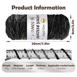 VORHOT 4 x 100 g Chenille Wool for Crocheting, Chenille Velvet Baby Wool, Soft Chenille Yarn, Velvet Velvet Wool Chenille for Knitting and Crocheting, 210 m, Black