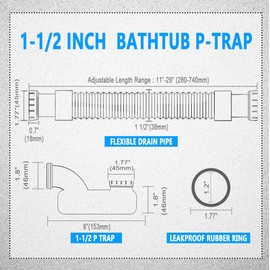 Low Profile 1 1/2 P Trap, Flexible Bathtub Shower Drain Pipe, Flat P Trap Freestanding Tub Drain for Bath