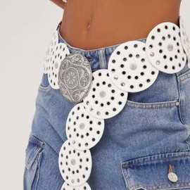 LIMHOO Wide Disc Belt for Women Leather Hollow Out Round Belt Boho Western Waist Belt (B Silver White-S)