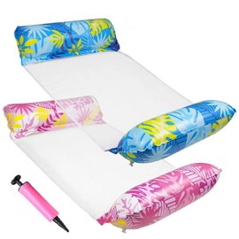 NatureMan Pool Floats Adult,2 Packs Hammock Pool Floats,4-in-1 Multi-Purpose Inflatable Pool Floats PVC Water Hammock Lounge Floaties Equipped with an air Pump (Pink Blue Leaf)