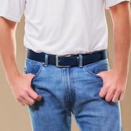 Buffway - Cinturón de piel para hombre - Cinturón duradero de grano completo para hombre de 1.5 pulgadas, versátil para uso diario, con caja de regalo, Azul marino, 44"