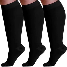 Cheeroyal 3 Pack Plus Size Compression Socks for Women and Men, 20-30mmhg Extra Large Wide Calf Knee High Stockings for Circulation Support (5XL, black)